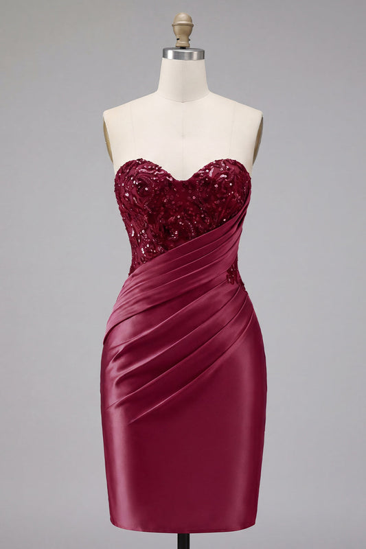 Satin Burgundy Sweetheart Ruched Bodycon Mini Cocktail Dress with Sequins