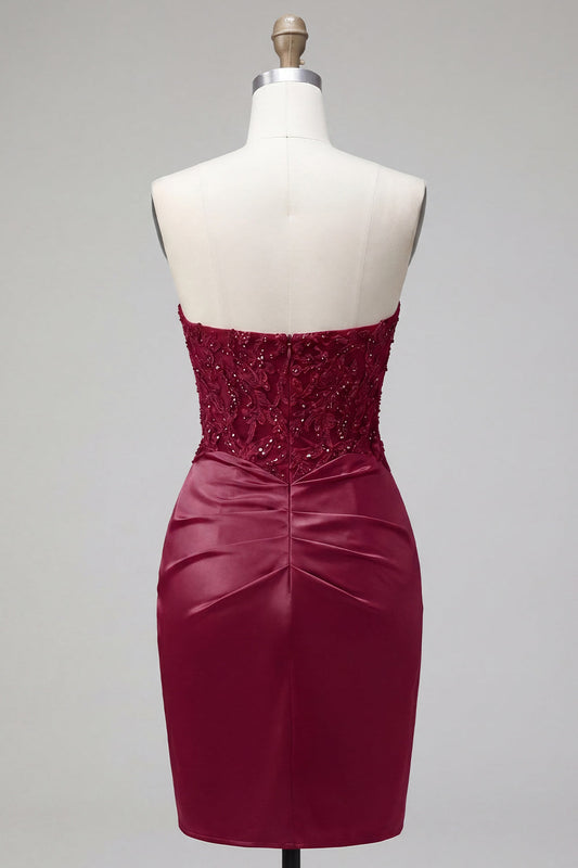Satin Burgundy Sweetheart Ruched Bodycon Mini Cocktail Dress with Sequins
