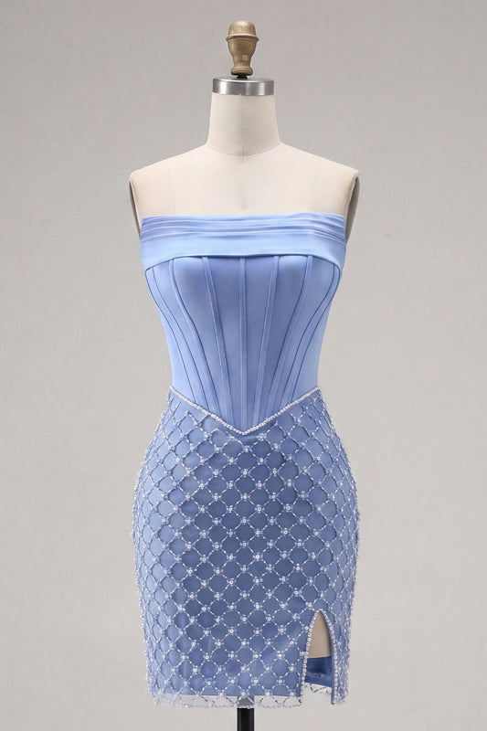 Satin Strapless Blue Corset Bodycon Beaded Short Prom Dress with Slit