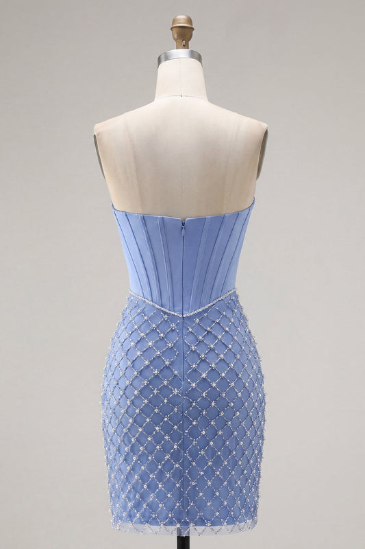 Satin Strapless Blue Corset Bodycon Beaded Short Prom Dress with Slit