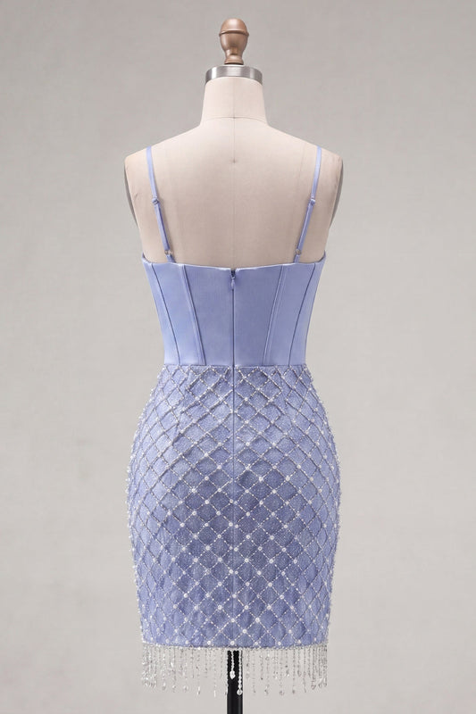 Satin Blue Corset Bodycon Ruched Beaded Short Prom Dress with Slit