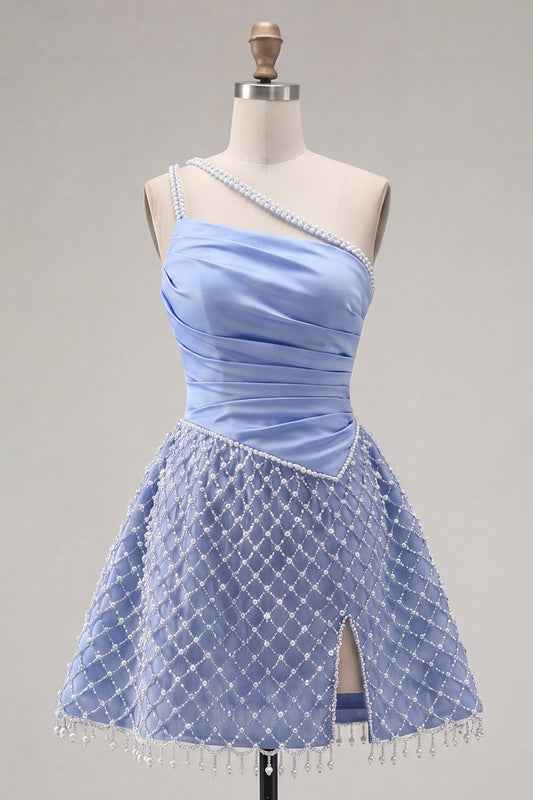 Blue One Shoulder Satin A-Line Ruched Beaded Short Prom Dress with Slit