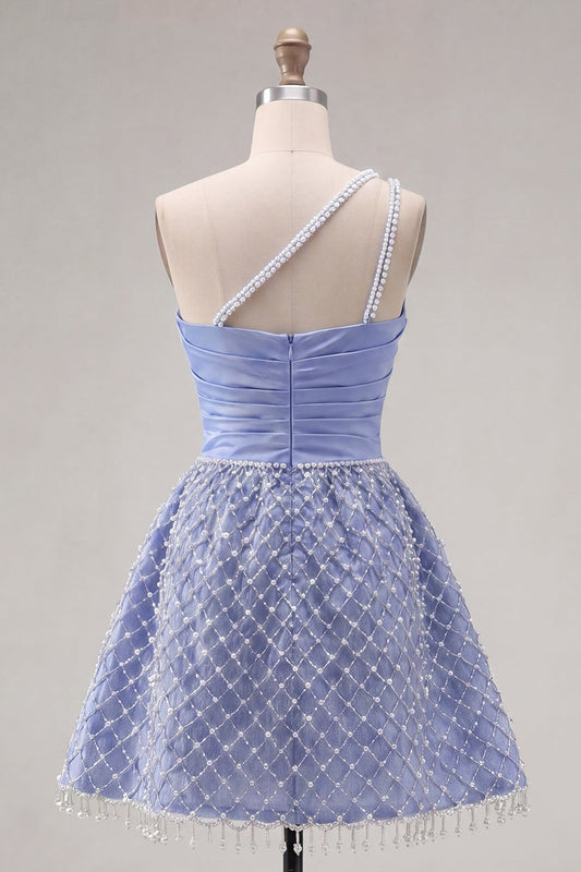 Blue One Shoulder Satin A-Line Ruched Beaded Short Prom Dress with Slit