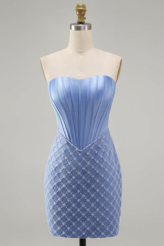 Blue Strapless Satin Bodycon Corset Beaded Short Prom Dress