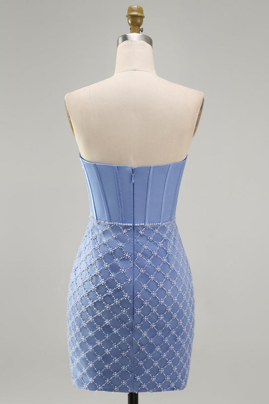 Blue Strapless Satin Bodycon Corset Beaded Short Prom Dress