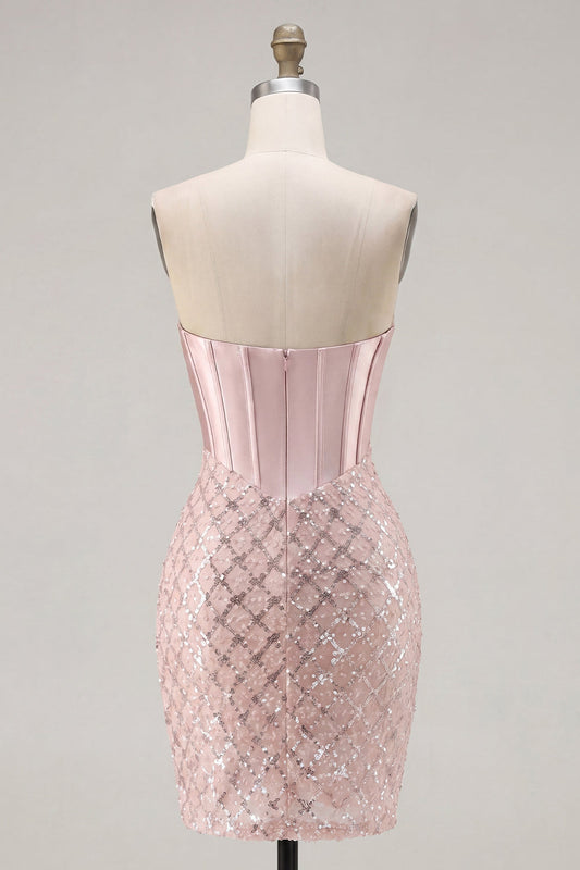 Sweetheart Blush Satin Bodycon Corset Sequins Short Prom Dress