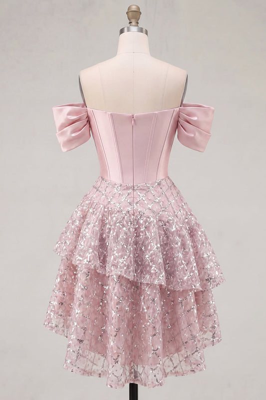 Off the Shoulder Blush Satin A-Line Corset Sequins Short Prom Dress with Bow