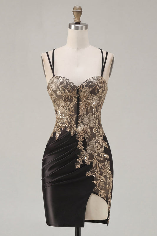 Black Satin Bodycon Ruched Sequins Short Prom Dress with Slit