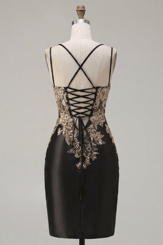 Black Satin Bodycon Ruched Sequins Short Prom Dress with Slit