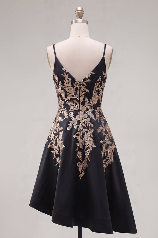 A-Line Black Satin Sequin Asymmetrical Short Prom Dress
