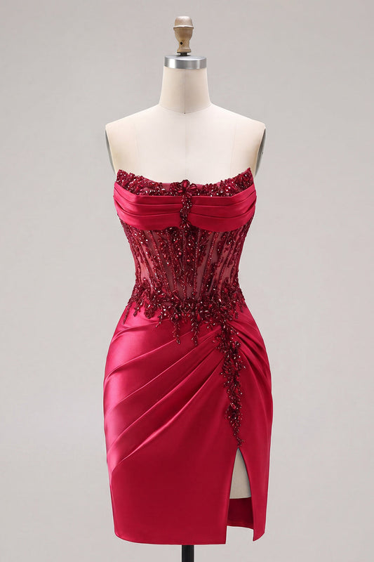 Strapless Satin Burgundy Ruched Sheer Corset Beaded Short Prom Dress with Slit