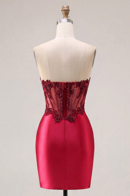 Strapless Satin Burgundy Ruched Sheer Corset Beaded Short Prom Dress with Slit
