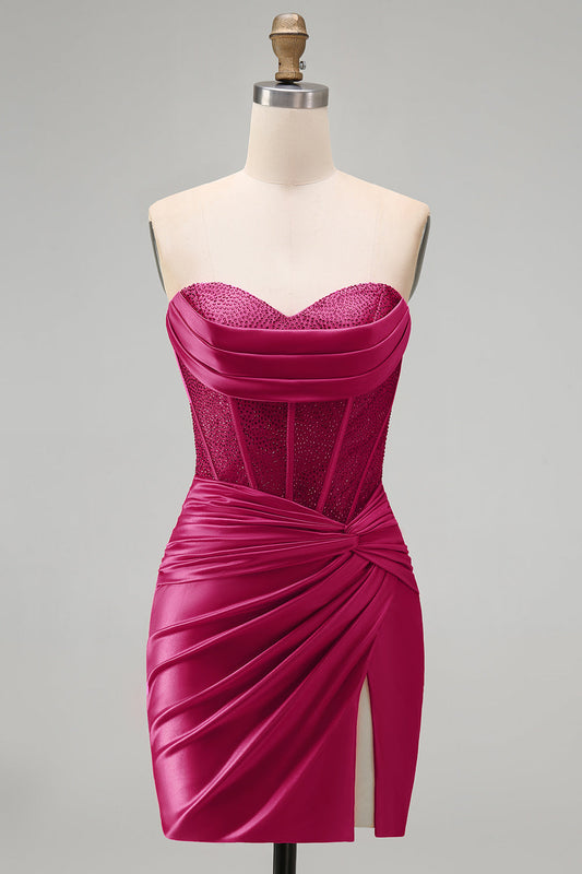Burgundy Satin Ruched Beaded Sweetheart Sheer Corset Short Prom Dress with Slit