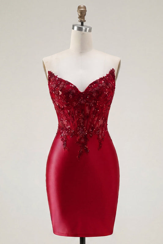 Red Satin Sweetheart Beaded Sheer Corset Short Prom Dress