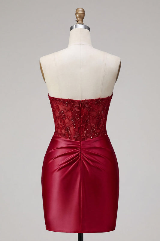 Red Satin Sweetheart Beaded Sheer Corset Short Prom Dress