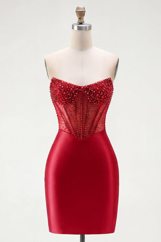 Red Satin Beaded Bodycon Sweetheart Sheer Corset Short Prom Dress