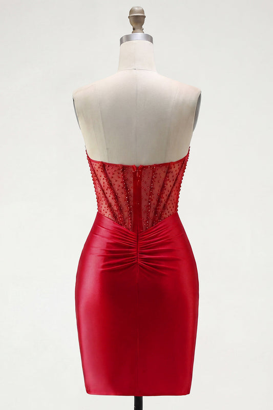 Red Satin Beaded Bodycon Sweetheart Sheer Corset Short Prom Dress