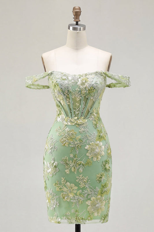 Robe de bal courte moulante verte à épaules dénudées avec corset transparent à fleurs