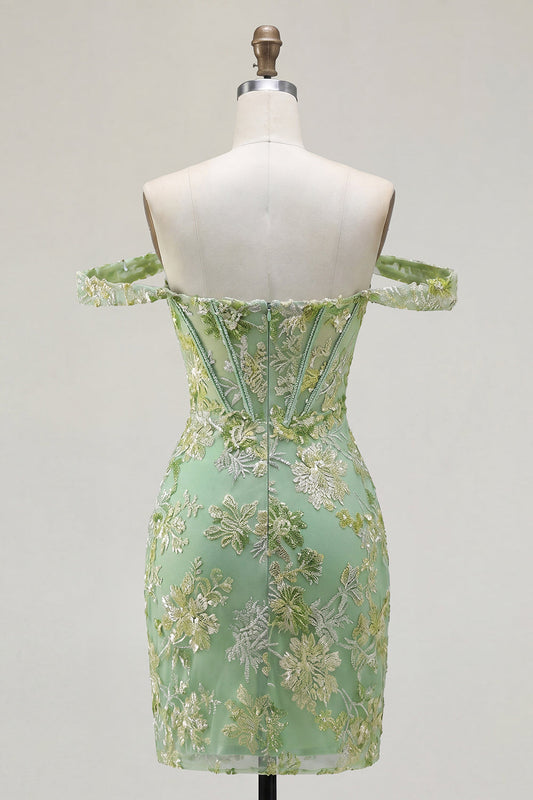 Robe de bal courte moulante verte à épaules dénudées avec corset transparent à fleurs