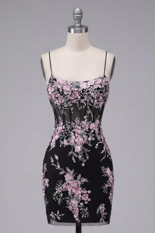 Black Pink Flower Bodycon Sheer Corset Short Prom Dress