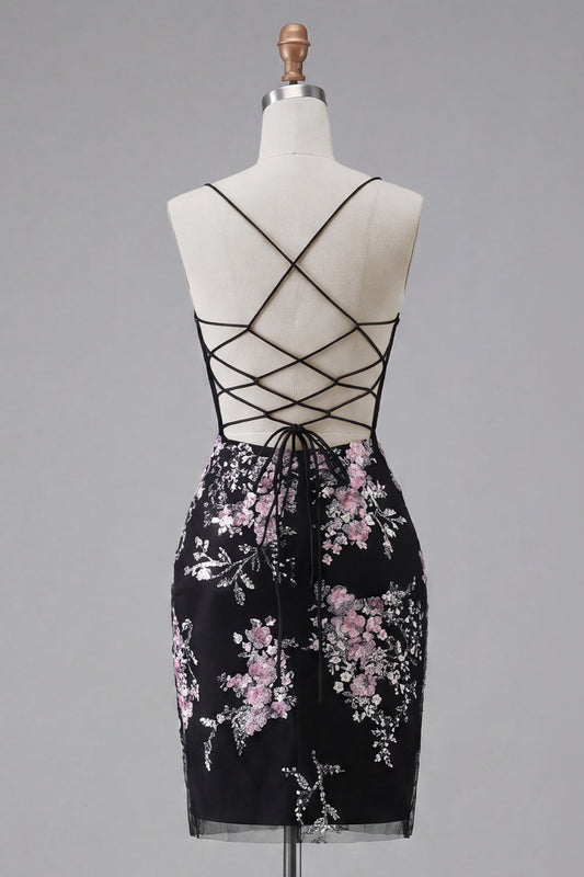 Black Pink Flower Bodycon Sheer Corset Short Prom Dress