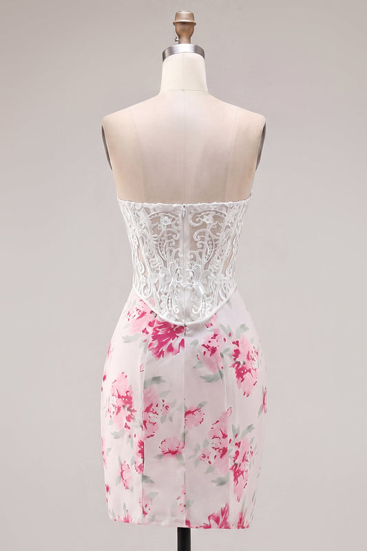White Fuchsia Flower Sweetheart Bodycon Sheer Corset Short Prom Dress