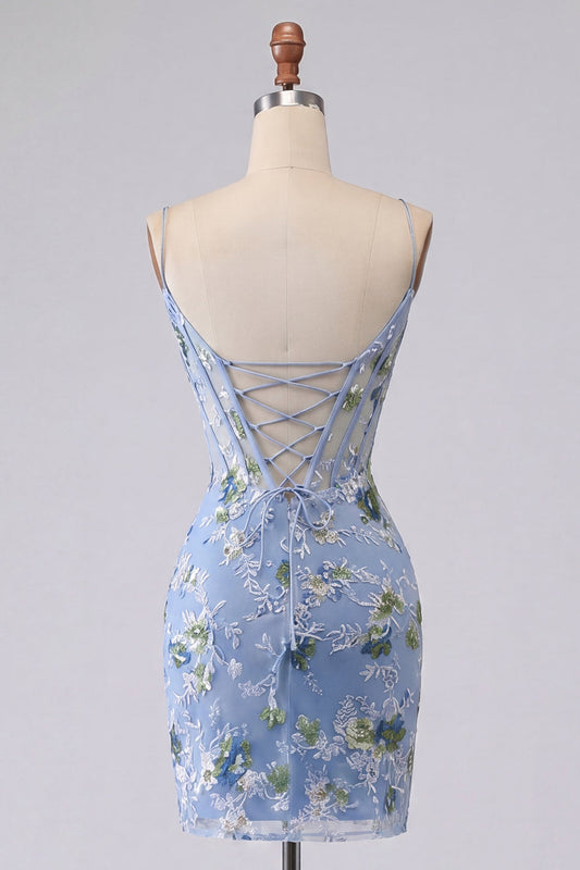 Blue Bodycon Embroidered Floral Sheer Corset Short Prom Dress