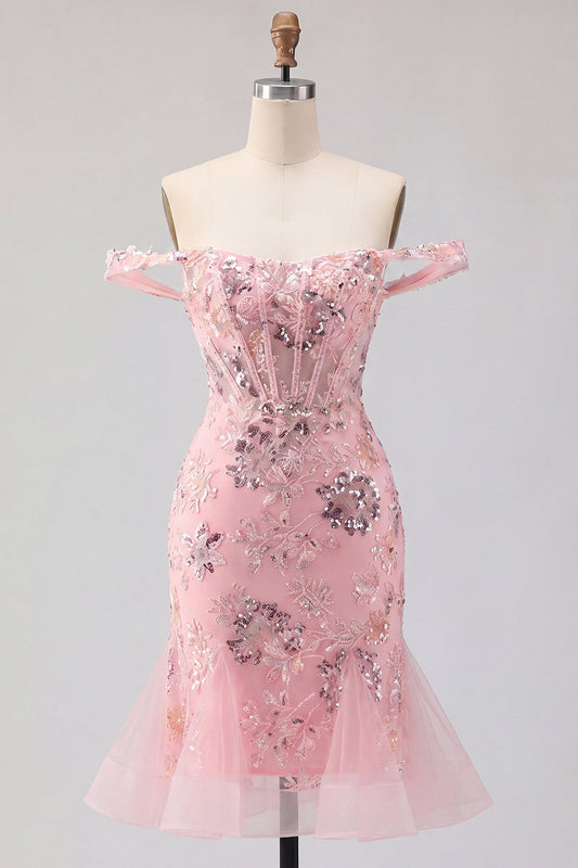 Robe de bal courte à volants rose pâle, épaules dénudées, moulante, florale, corset transparent et sequins