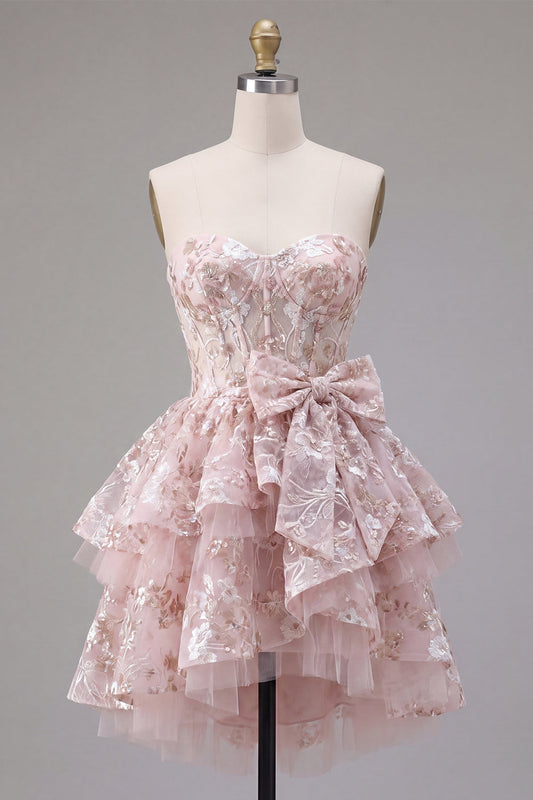 Pink A-Line Sweetheart Corset Floral Homecoming Dress with Bow