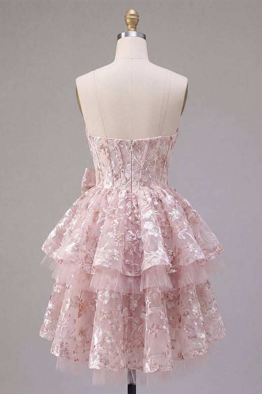 Pink A-Line Sweetheart Corset Floral Homecoming Dress with Bow