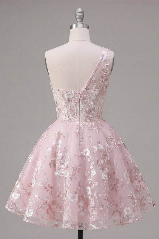 Robe de bal rose en A, asymétrique et fleurie