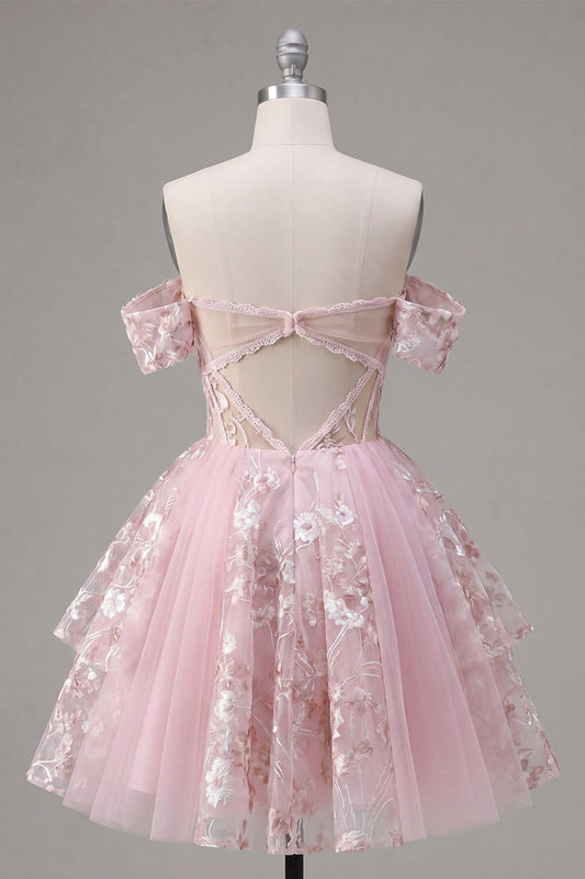 Off the Shoulder Pink A-Line Sheer Corset Floral Homecoming Dress