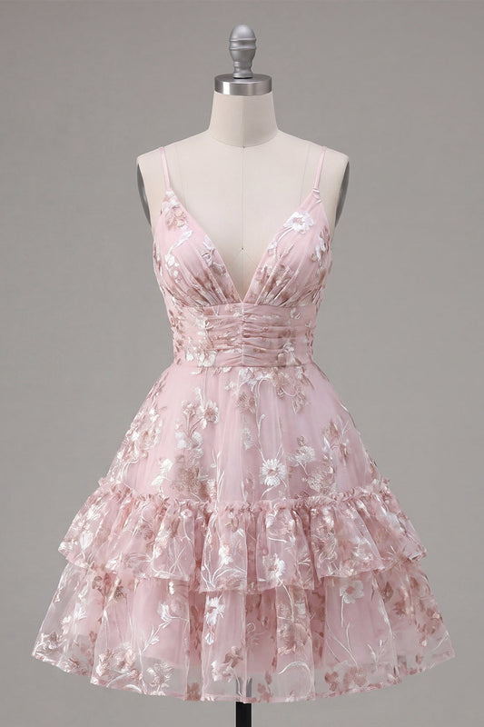 Pink A-Line Ruched Spaghetti Straps Floral Homecoming Dress