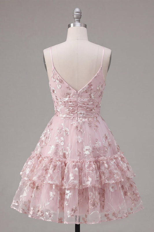 Pink A-Line Ruched Spaghetti Straps Floral Homecoming Dress