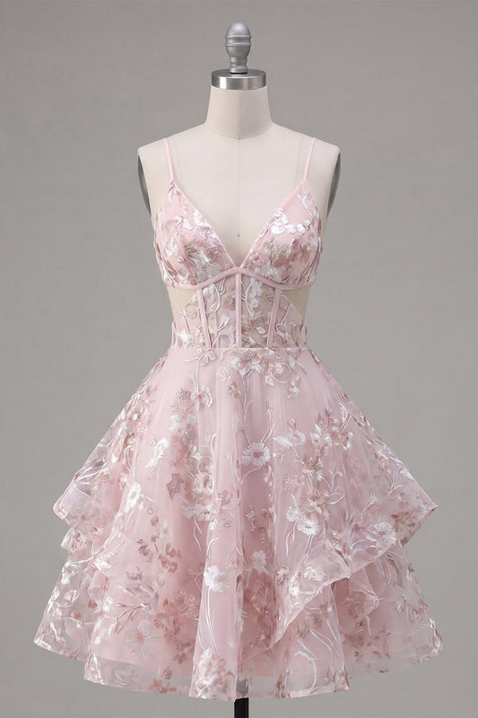 Robe de bal A-Line rose à bretelles spaghetti avec corset et motifs floraux