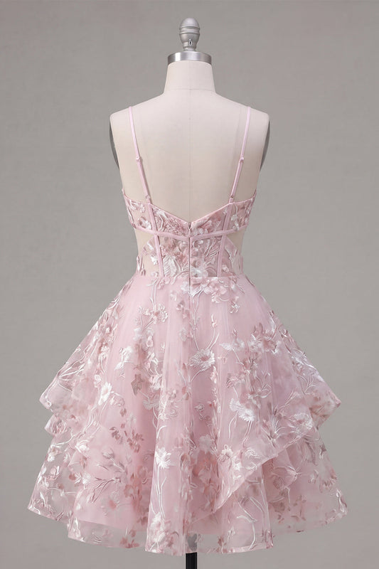 Robe de bal A-Line rose à bretelles spaghetti avec corset et motifs floraux