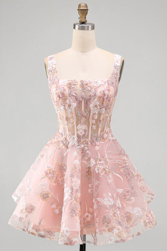 Robe de bal trapèze rose à col carré et corset floral
