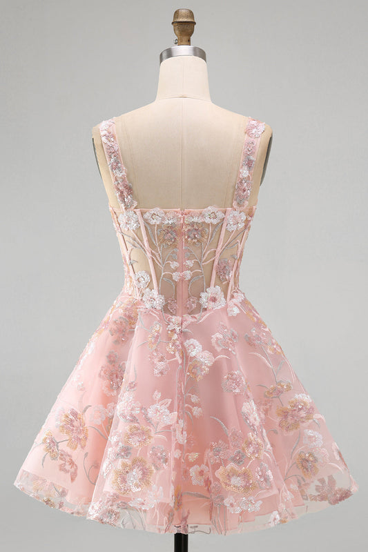 Robe de bal trapèze rose à col carré et corset floral