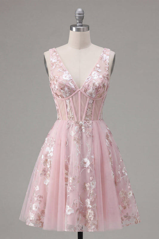 Robe courte trapèze de bal de promo rose à corset floral et col en V