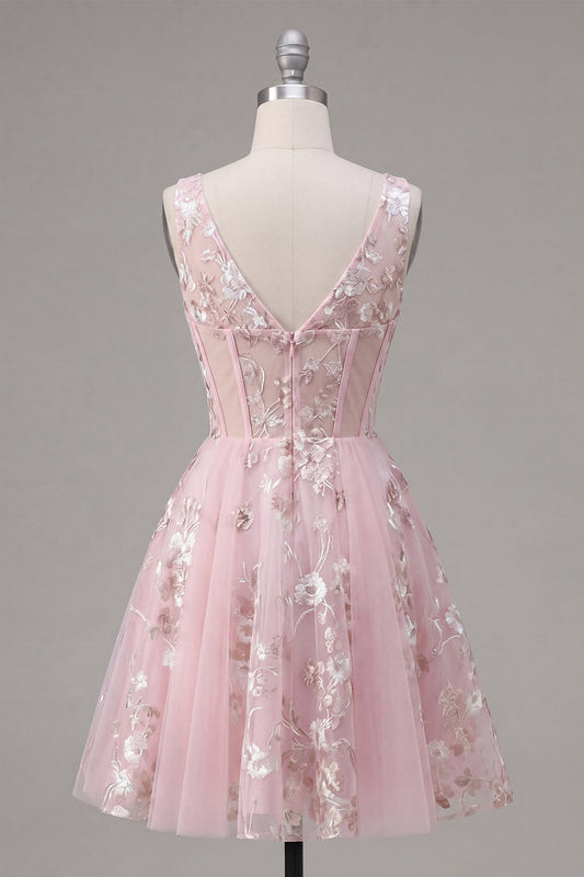 Robe courte trapèze de bal de promo rose à corset floral et col en V