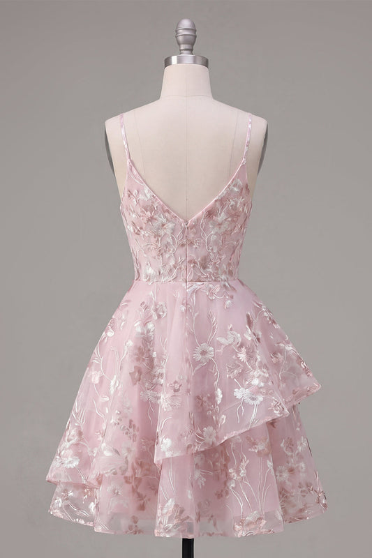 Robe de bal trapèze rose à bretelles spaghetti avec corset et motifs floraux