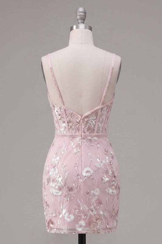 Robe de bal rose moulante à bretelles spaghetti et imprimé floral