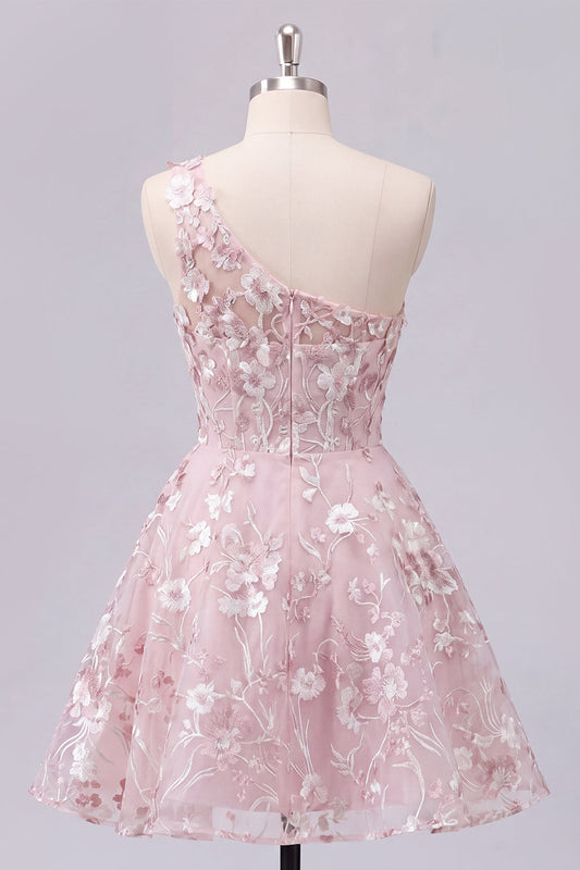 Robe de bal florale trapèze corset asymétrique rose