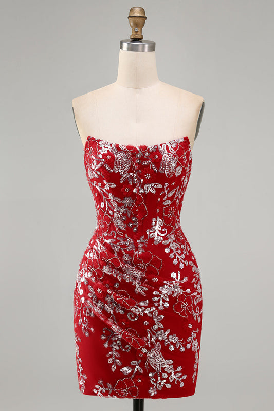 Sparkly Red Tight Short Beaded Ruched Floral Strapless Homecoming Dress