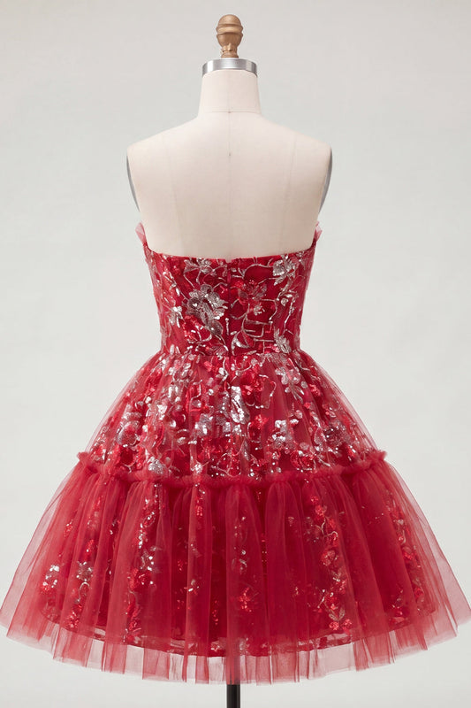 Sparkly Red A-Line Short Beaded Ruched Floral Homecoming Dress with Ruffles
