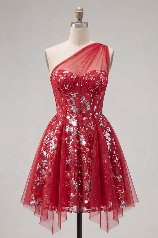 Sparkly Red Floral A-Line Short Corset Beaded Homecoming Dress with Ruffles