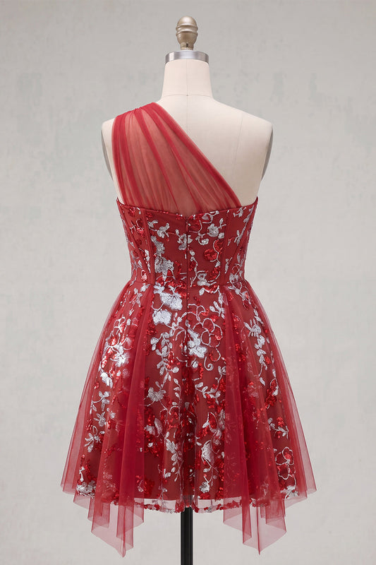 Sparkly Red Floral A-Line Short Corset Beaded Homecoming Dress with Ruffles