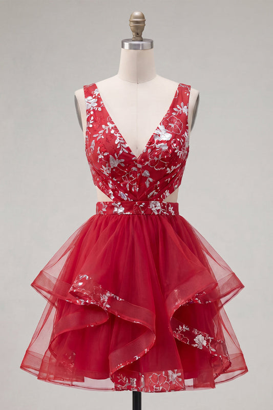 Red Ruched Floral Cutout A-Line Short Homecoming Dress with Ruffles