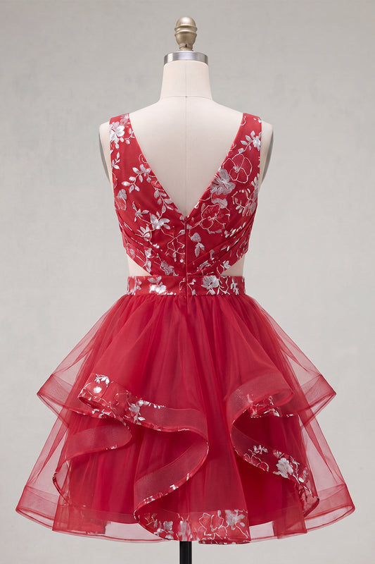 Red Ruched Floral Cutout A-Line Short Homecoming Dress with Ruffles