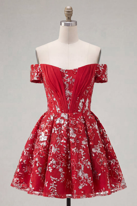 Sparkly Red Floral A-Line Short Corset Homecoming Dress with Beading